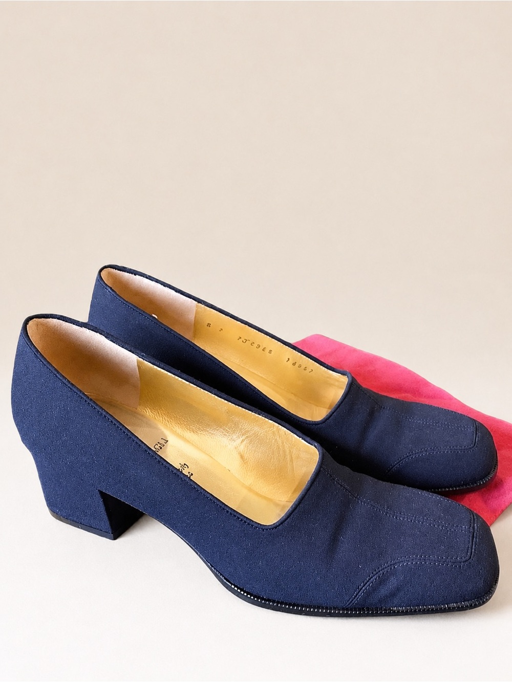 Vintage 90s BRUNO MAGLI Navy Square Toe Chunky Block Heels & Shoe Dust Bag - 7 B